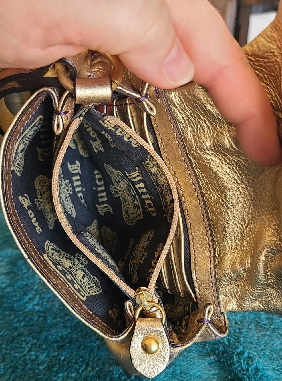 Y2K vintage metallic gold leather Juicy Couture wristlet featuring Heart Accent